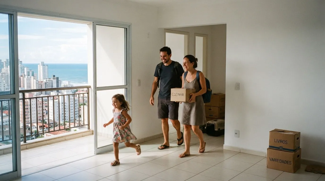 Família entrando no apartamento novo com a filha correndo para a varanda com vista para o mar