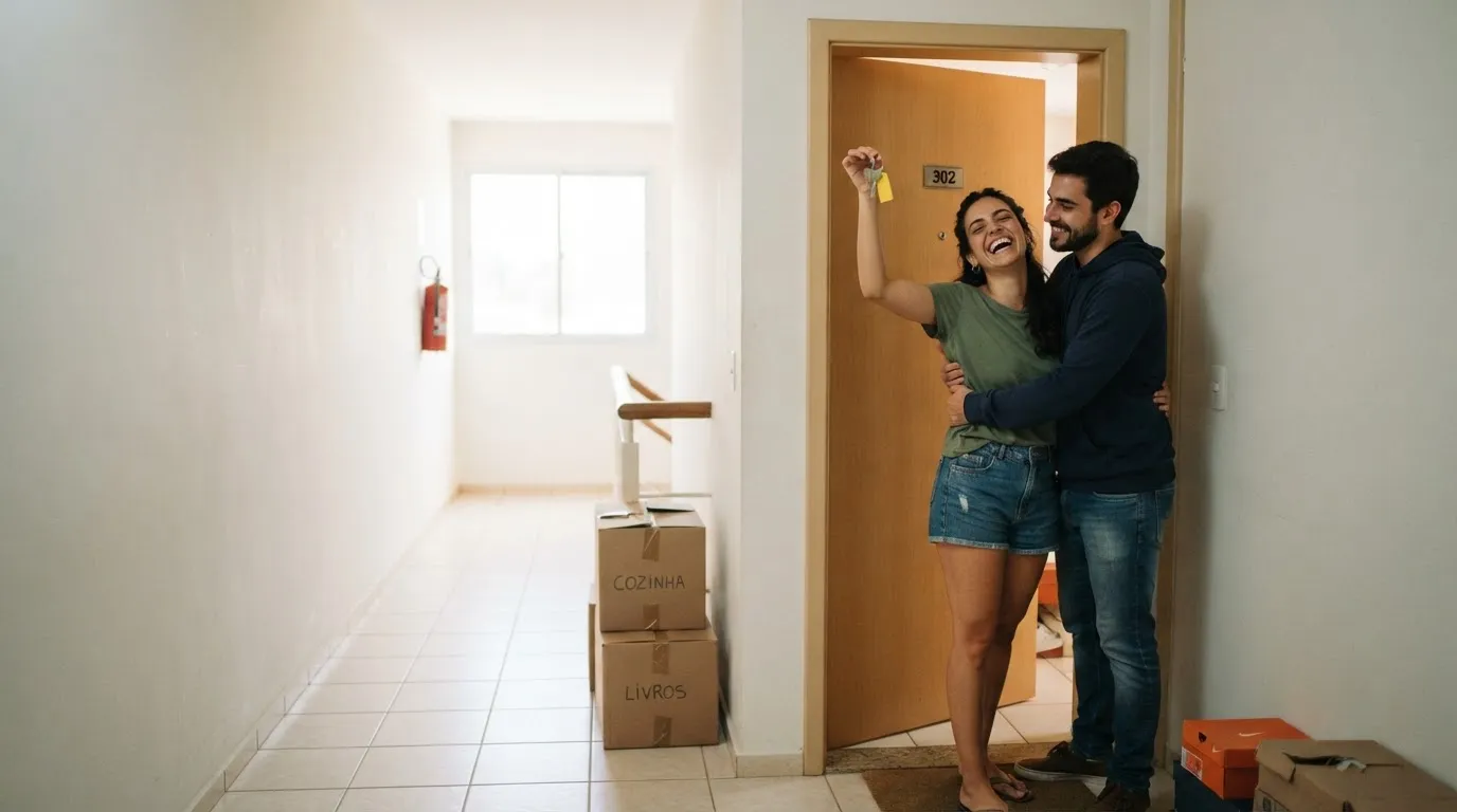 Casal abraçado na porta do apartamento 302, ela erguendo a chave e rindo, caixas de mudança no corredor